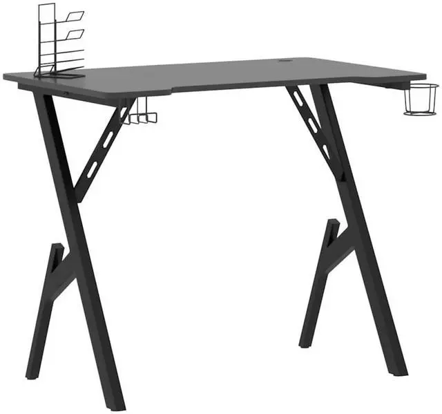 Alt view image 2 of 7 - vidaXL 35 Inch Gaming Desk with Y-Shaped Legs, Ergonomic Computer Desk with Earphone & Controller Racks, Cup Holder, Sturdy PC Desk for Gamers and Home Office, Black