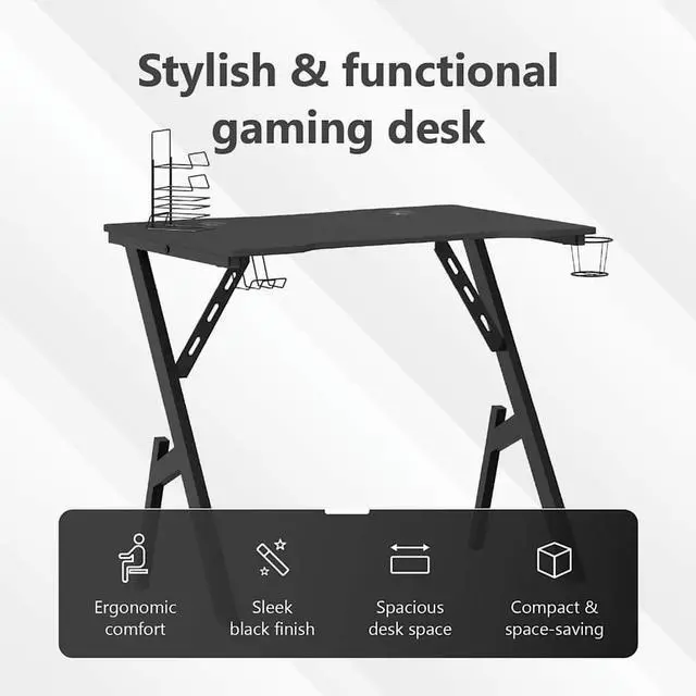 Alt view image 5 of 7 - vidaXL 35 Inch Gaming Desk with Y-Shaped Legs, Ergonomic Computer Desk with Earphone & Controller Racks, Cup Holder, Sturdy PC Desk for Gamers and Home Office, Black
