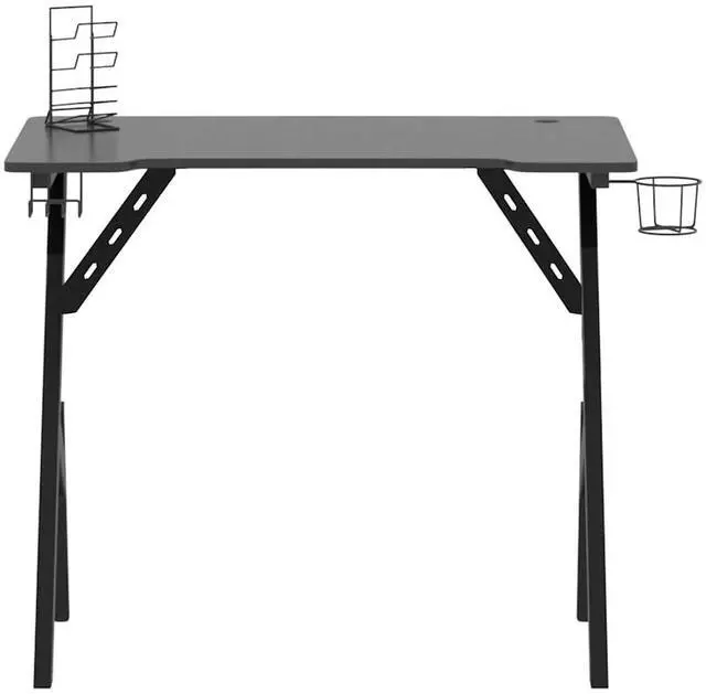 Alt view image 3 of 7 - vidaXL 35 Inch Gaming Desk with Y-Shaped Legs, Ergonomic Computer Desk with Earphone & Controller Racks, Cup Holder, Sturdy PC Desk for Gamers and Home Office, Black