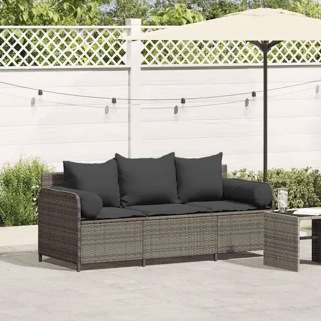 Main image of vidaXL Patio Sofa with Cushions 3-Seater Gray Poly Rattan garden sofa