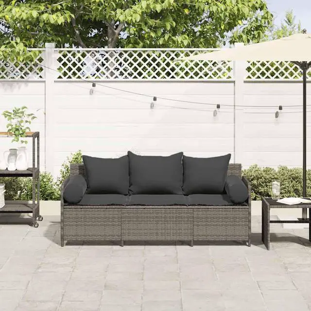 Alt view image 3 of 7 - vidaXL Patio Sofa with Cushions 3-Seater Gray Poly Rattan garden sofa