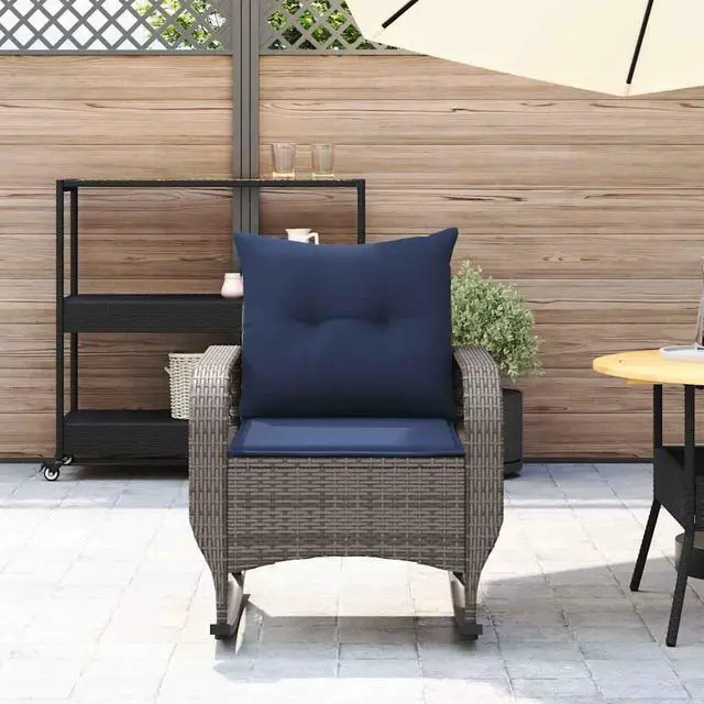 Alt view image 3 of 7 - vidaXL Patio Rocking Chair with Cushions Gray Poly Rattan garden rocking chair