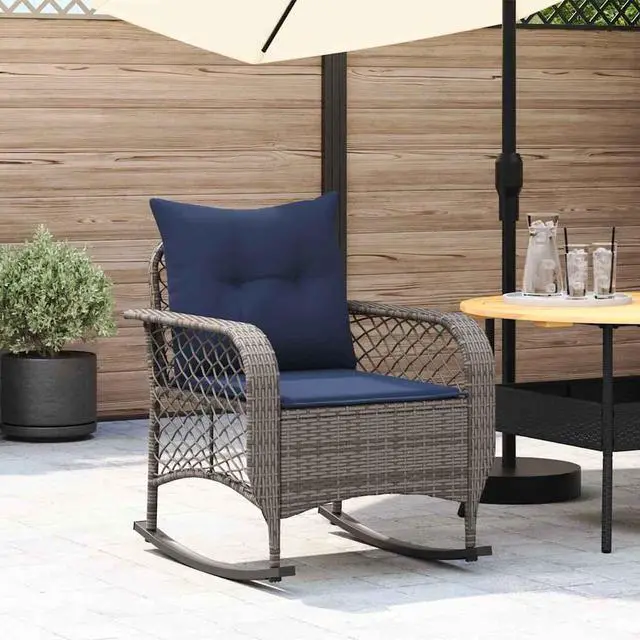 Main image of vidaXL Patio Rocking Chair with Cushions Gray Poly Rattan garden rocking chair