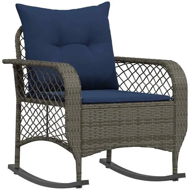 Alt view image 2 of 7 - vidaXL Patio Rocking Chair with Cushions Gray Poly Rattan garden rocking chair
