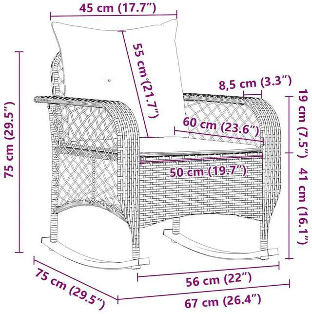 Alt view image 4 of 7 - vidaXL Patio Rocking Chair with Cushions Gray Poly Rattan garden rocking chair