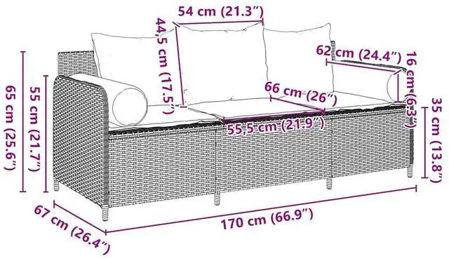 Alt view image 4 of 7 - vidaXL Patio Sofa with Cushions 3-Seater Gray Poly Rattan garden sofa