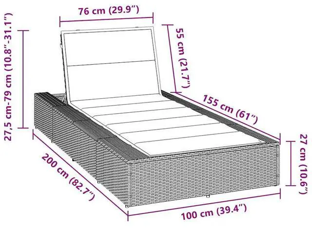 Alt view image 4 of 7 - vidaXL Sunbed with Floating Cushion Gray Poly Rattan outdoor sunbed