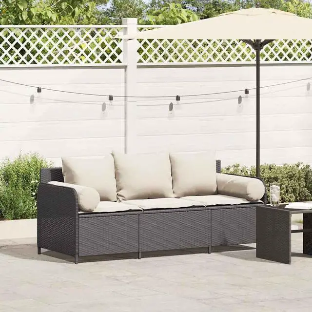 Main image of vidaXL Patio Sofa with Cushions 3-Seater Black Poly Rattan garden sofa