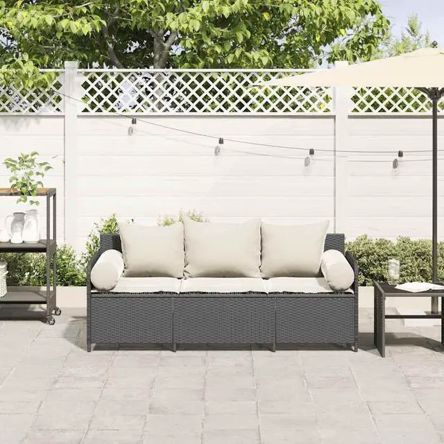 Alt view image 3 of 7 - vidaXL Patio Sofa with Cushions 3-Seater Black Poly Rattan garden sofa