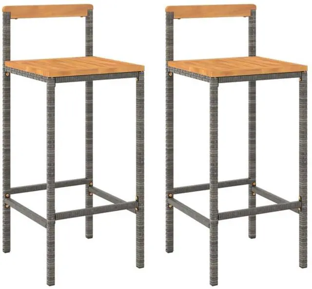 Alt view image 2 of 7 - vidaXL Bar Stool 2 Pcs Patio Furniture Gray Poly Rattan and Solid Wood Acacia