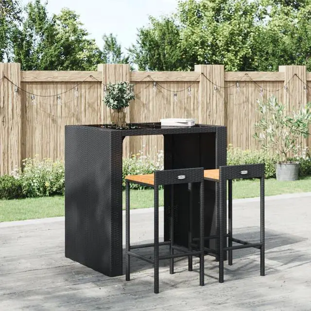 Main image of vidaXL Bar Stool 2 Pcs Patio Furniture Black Poly Rattan and Solid Wood Acacia