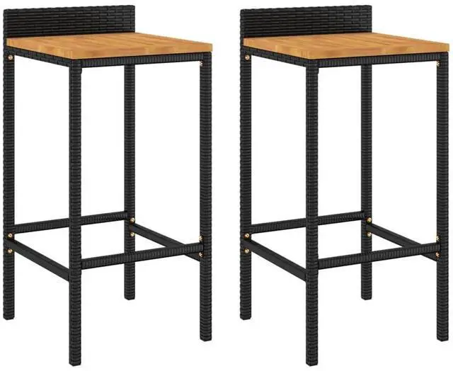 Alt view image 2 of 7 - vidaXL Bar Stool 2 Pcs Patio Furniture Black Poly Rattan and Solid Wood Acacia