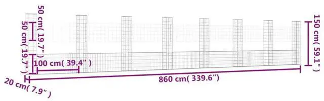 Alt view image 4 of 6 - vidaXL U-shape Gabion Basket with 8 Posts Iron 338.6" Garden Wire Wall Fence