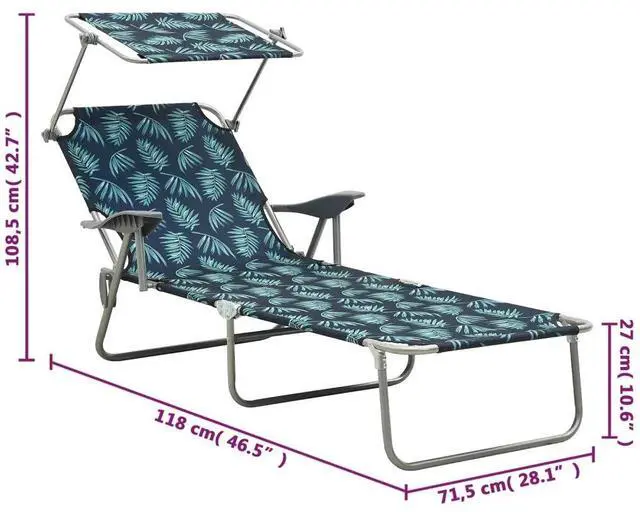 Alt view image 12 of 15 - vidaXL Sun Lounger with Canopy Steel Leaf Print