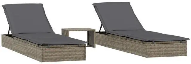 Alt view image 2 of 7 - vidaXL Sunbeds with Table Patio Daybed Wicker Furniture 2 Pcs Gray Poly Rattan