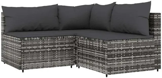 Alt view image 2 of 7 - vidaXL 3 Piece Patio Lounge Set with Cushions Gray Poly Rattan