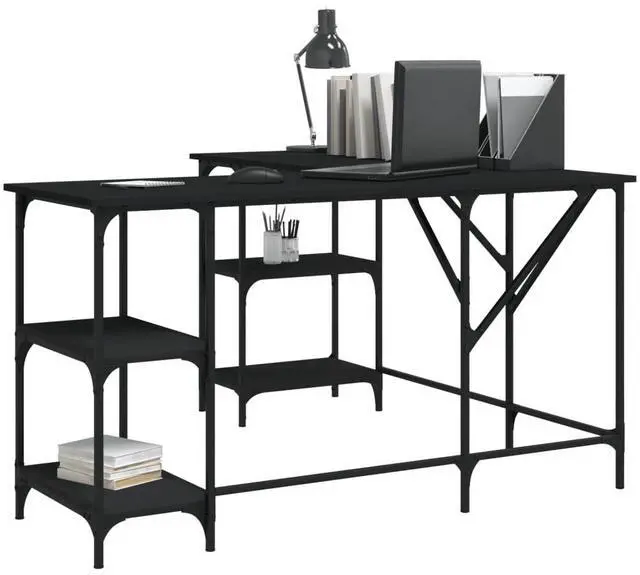 Alt view image 3 of 7 - vidaXL Desk Storage L-shape Computer Table with Shelves Black Engineered Wood