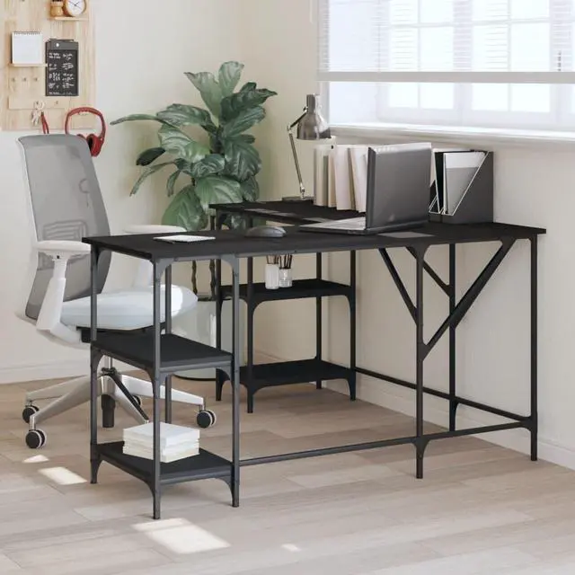 Main image of vidaXL Desk Storage L-shape Computer Table with Shelves Black Engineered Wood