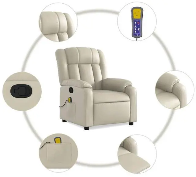 Alt view image 7 of 7 - vidaXL Massage Recliner Chair for Living Room, Adjustable Recliner with 6-Point Vibration Massage, Home Theater Seating with Padded Seat Backrest & Side Pocket, Cream Leather