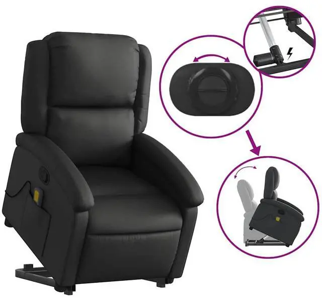 Alt view image 6 of 7 - vidaXL Stand up Massage Recliner Chair Power Lift Armchair Black Real Leather