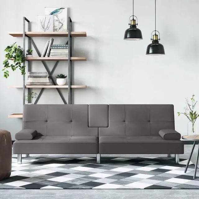 Alt view image 7 of 7 - vidaXL Sofa Bed Sleeper Sofa Couch Bed with Cup Holders Gray Faux Leather