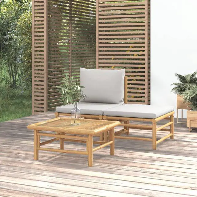 Alt view image 7 of 7 - vidaXL Patio Furniture Set 3 Piece Lounge Set with Light Gray Cushions Bamboo
