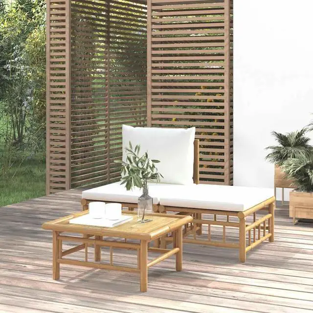 Alt view image 7 of 7 - vidaXL Patio Furniture Set 3 Piece Lounge Set with Cream White Cushions Bamboo