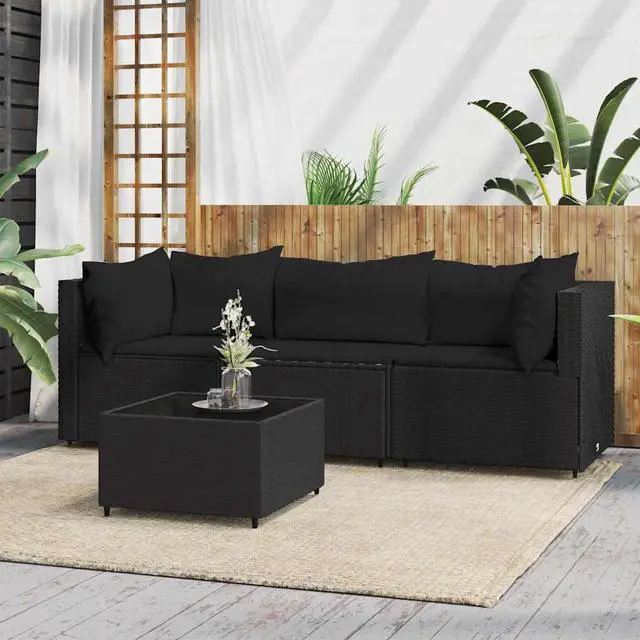 Alt view image 7 of 7 - vidaXL Patio Furniture Set 4 Piece Patio Sofa with Cushions Black Poly Rattan