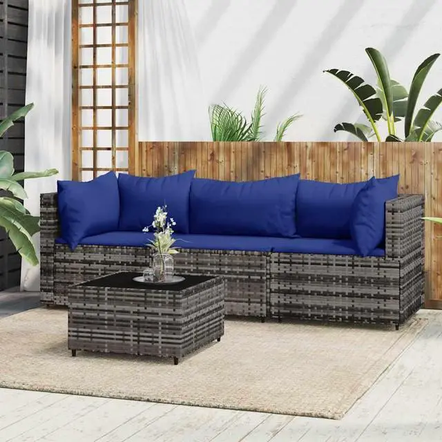Alt view image 7 of 7 - vidaXL Patio Furniture Set 4 Piece Patio Sofa with Cushions Gray Poly Rattan