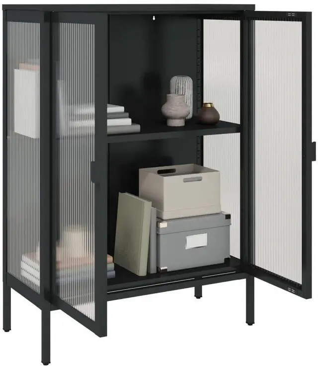 Alt view image 5 of 7 - vidaXL Sideboard Black Powder-coated steel, fluted glass Medium