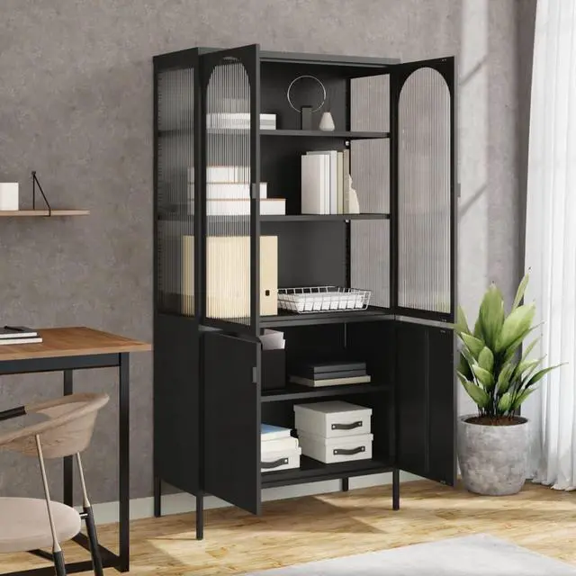 Alt view image 3 of 7 - vidaXL Highboard Black Powder-coated steel, fluted glass Large Highboard