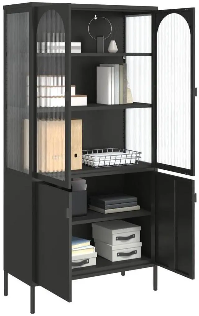 Alt view image 5 of 7 - vidaXL Highboard Black Powder-coated steel, fluted glass Large Highboard