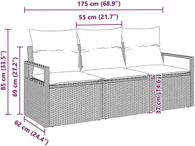 Alt view image 5 of 6 - vidaXL 3 Piece Garden Sofa Set with Cushions Brown Poly Rattan