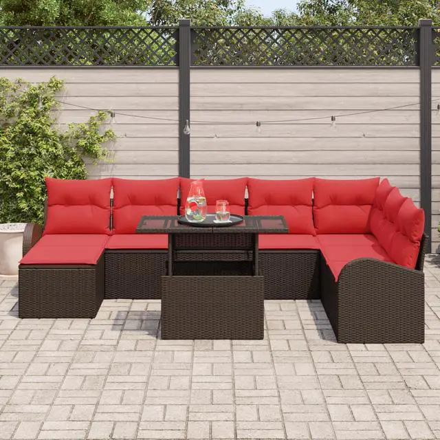 Alt view image 3 of 6 - vidaXL Garden Sofa Set with Cushion 9 pcs Brown and red