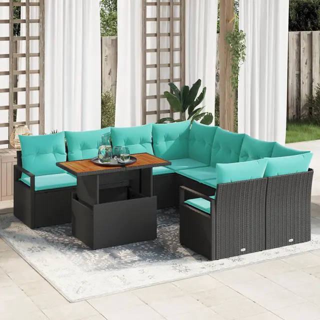 Main image of vidaXL Garden Dining Set 9 pcs Black and Turquoise 100 x 55 x 73 cm