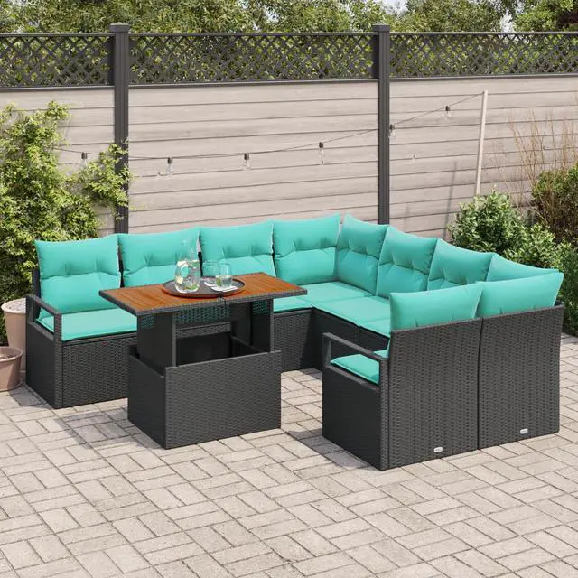 Alt view image 3 of 6 - vidaXL Garden Dining Set 9 pcs Black and Turquoise 100 x 55 x 73 cm