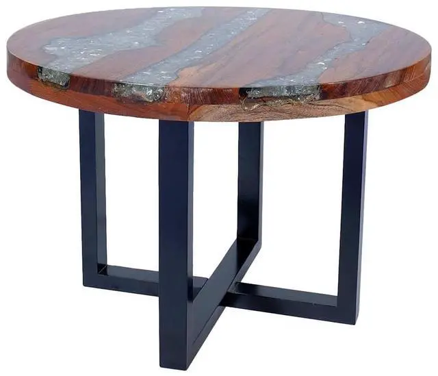 Alt view image 5 of 7 - vidaXL Coffee Table with Resin Inlay, Round Center Table with Lacquer Finish for Living Room, Fully Handmade,  23.6'' x15.8'', Solid Teak Wood, Multicolor