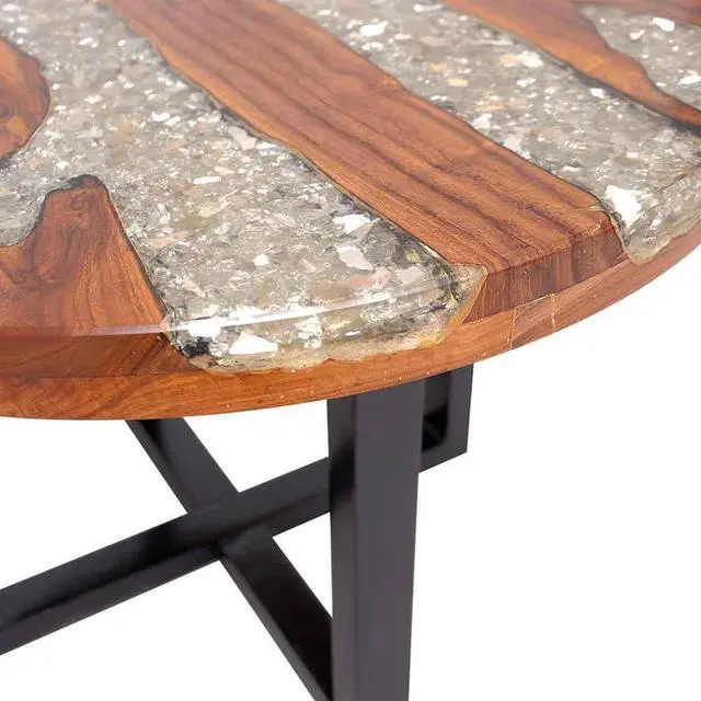 Alt view image 7 of 7 - vidaXL Coffee Table with Resin Inlay, Round Center Table with Lacquer Finish for Living Room, Fully Handmade,  23.6'' x15.8'', Solid Teak Wood, Multicolor