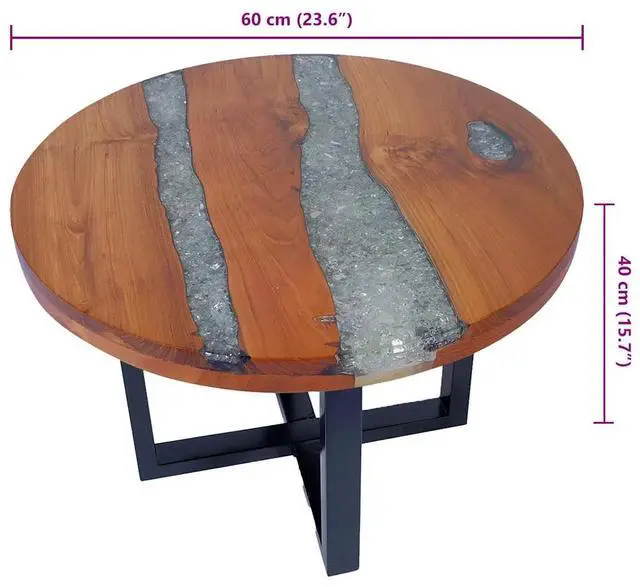 Alt view image 4 of 7 - vidaXL Coffee Table with Resin Inlay, Round Center Table with Lacquer Finish for Living Room, Fully Handmade,  23.6'' x15.8'', Solid Teak Wood, Multicolor