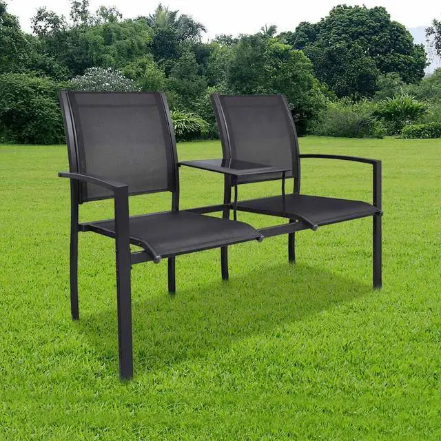 Alt view image 7 of 13 - vidaXL 2 Seater Patio Bench 51.6" Steel and Textilene Black