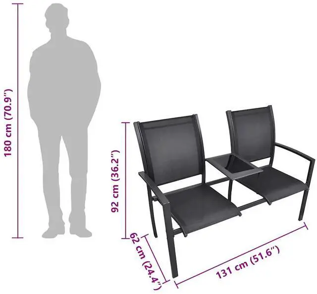 Alt view image 10 of 13 - vidaXL 2 Seater Patio Bench 51.6" Steel and Textilene Black