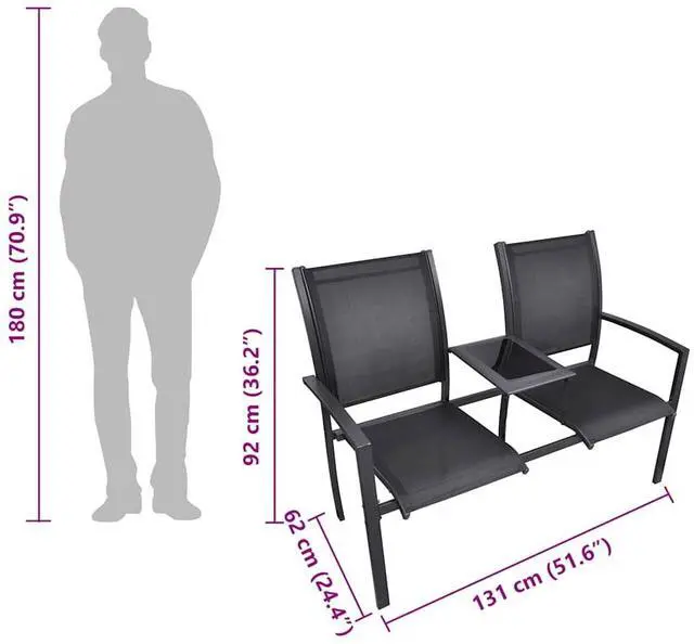 Alt view image 13 of 13 - vidaXL 2 Seater Patio Bench 51.6" Steel and Textilene Black