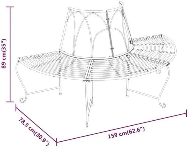 Alt view image 4 of 6 - vidaXL Tree Bench Black Steel Medium Durable Half Round Tree Bench