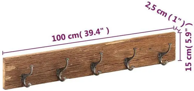 Alt view image 13 of 16 - vidaXL Hall Hanger with 5 Hooks 39.4"x1"x5.9" Solid Reclaimed Wood