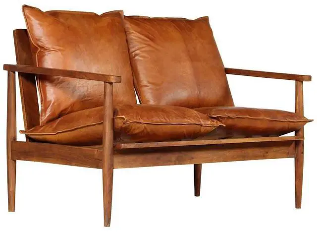 Alt view image 2 of 7 - vidaXL Sofa Accent Love Seat Sofa Chair Real Leather with Acacia Wood Brown