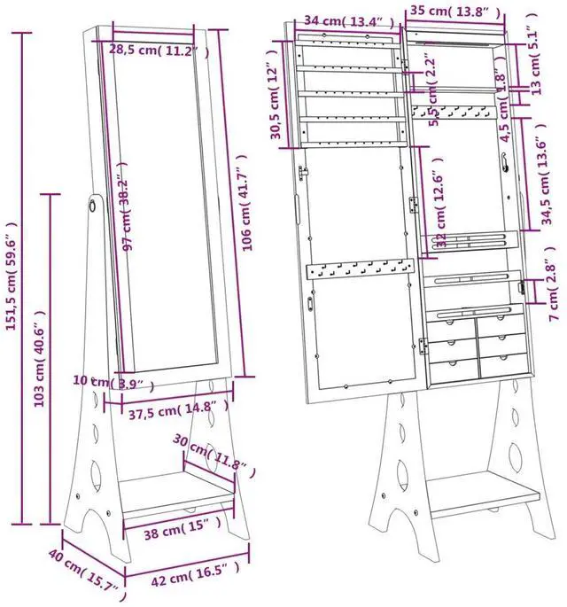 Alt view image 4 of 7 - vidaXL Mirror Jewelry Cabinet White Engineered wood Full Length