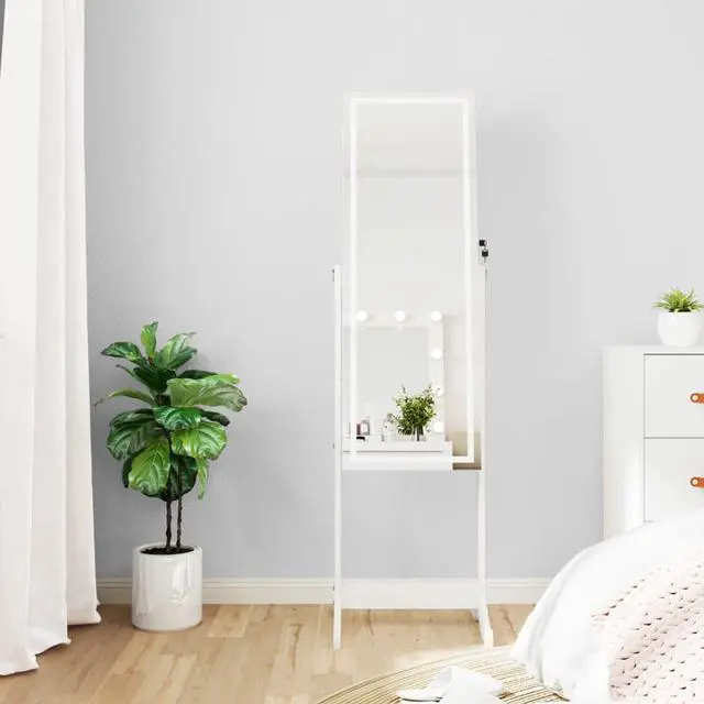 Main image of vidaXL Mirror Jewelry Cabinet White Engineered Wood, Glass, Fabric
