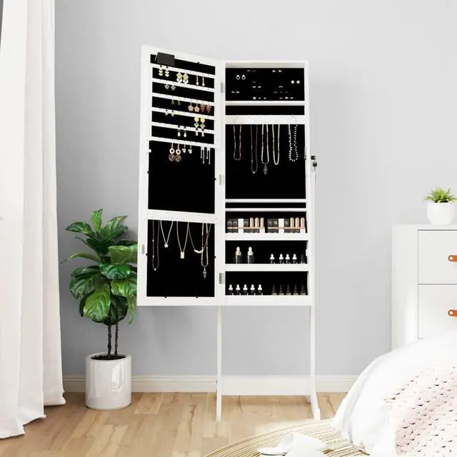 Alt view image 3 of 7 - vidaXL Mirror Jewelry Cabinet White Engineered Wood, Glass, Fabric