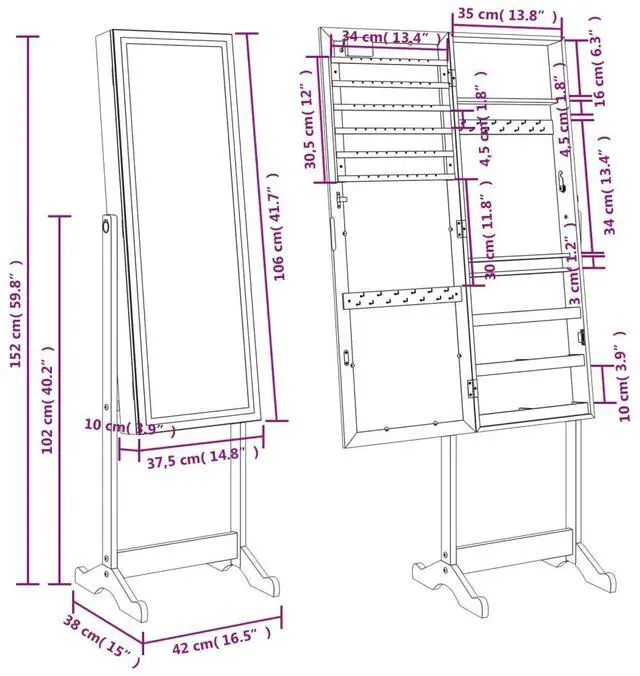 Alt view image 4 of 7 - vidaXL Mirror Jewelry Cabinet White Engineered Wood, Glass, Fabric