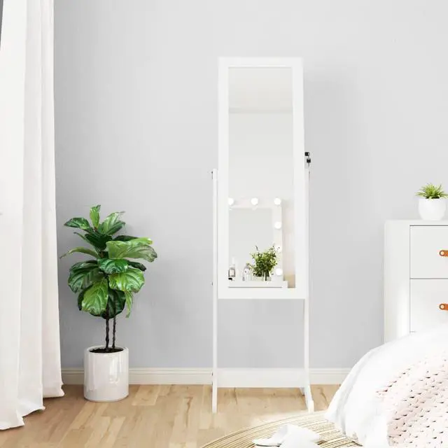 Main image of vidaXL Mirror Jewelry Cabinet White Engineered wood, Glass, Fabric